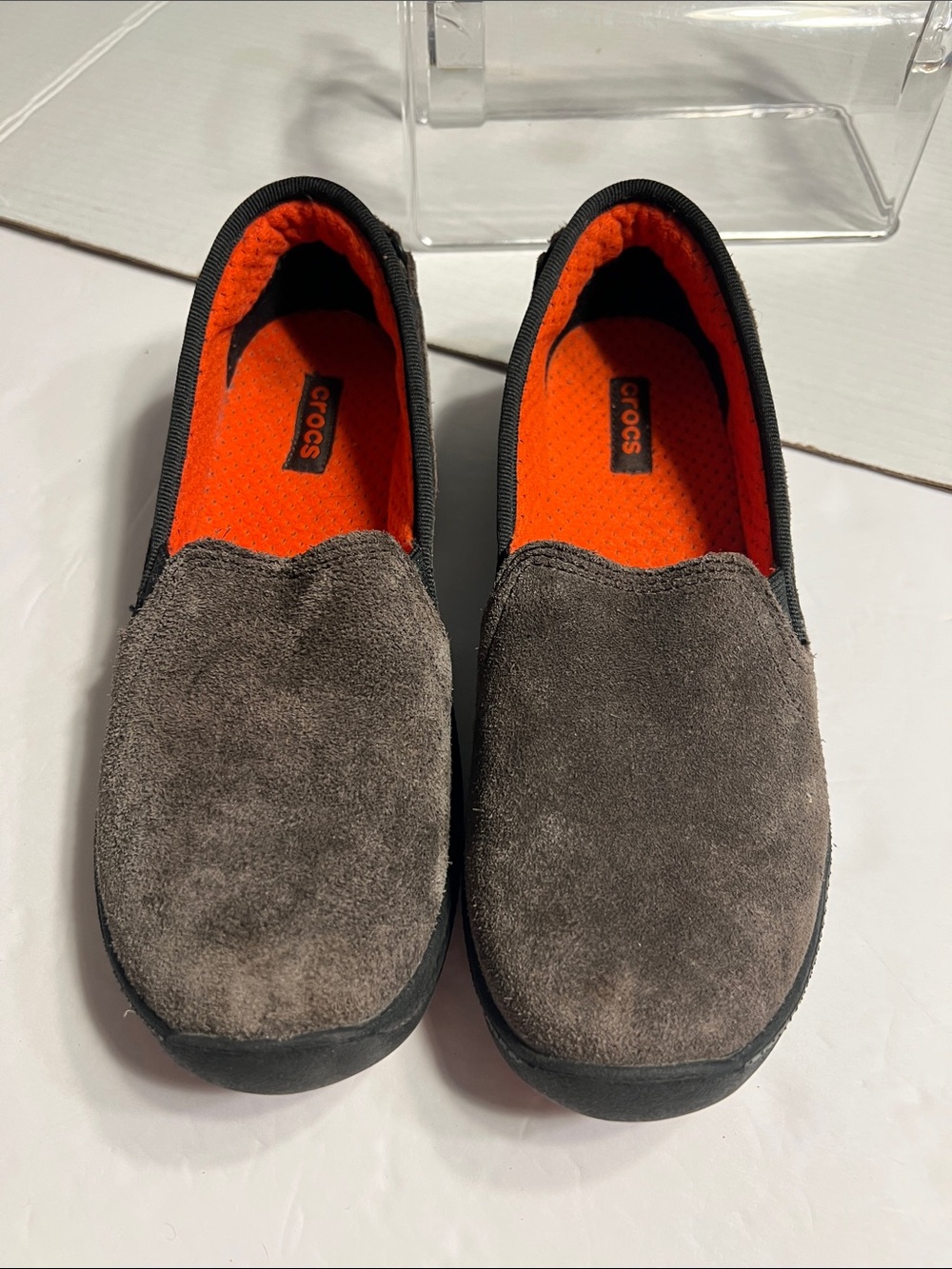 CROCS Men’s Gray Suede Slip-On Loafers with Orange Interior
